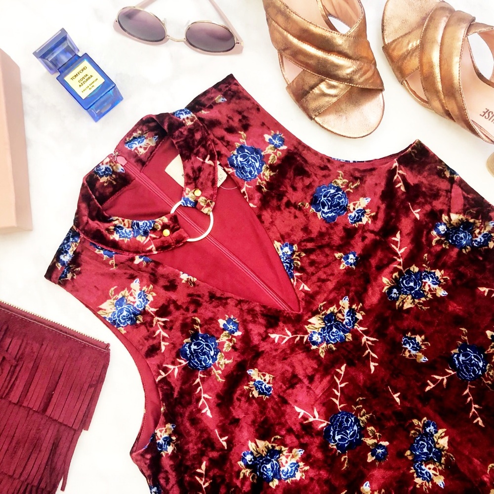 Burgundy Floral Choker Neck Velvet Dress